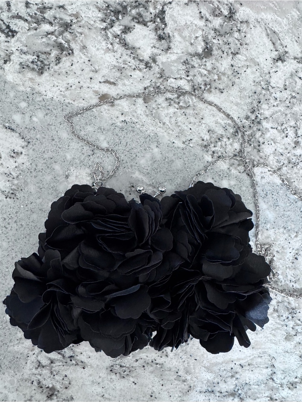 Black Floral Applique Clutch with Chain Strap